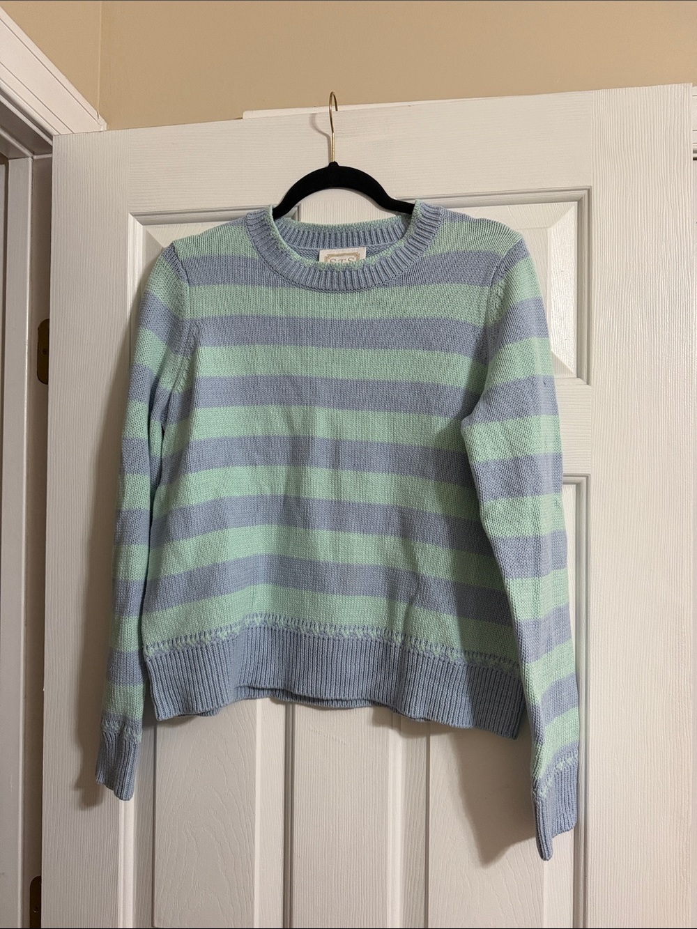 Sail to Sable Light Green and Blue Long Sleeve Striped Pullover Sweater Medium